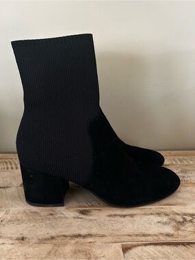 Eileen Fisher "Knolls" Suede & Stretch Knit Sock Ankle Boots - Black. Size 9